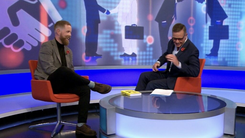 Sean O'Meara, managing director of Essential Content, talking to BBC Business reporter Aaron Heslehurst about public relations