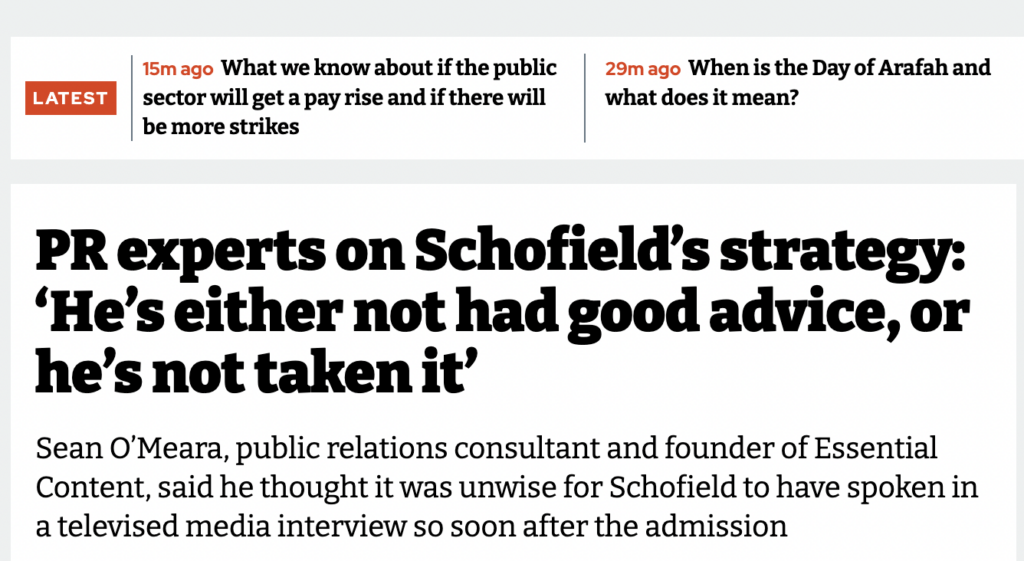 headline on I News website describing Sean O'Meara as a PR expert