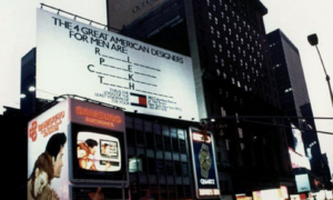 Advertising billboard for Tommy Hilfiger. Text reads: The 4 great American designers for men are: R _ _ _ _ L _ _ _ _ _ P _ _ _ _ E _ _ _ _ C _ _ _ _ _ K _ _ _ _ T _ _ _ _ H _ _ _ _ _ _ _