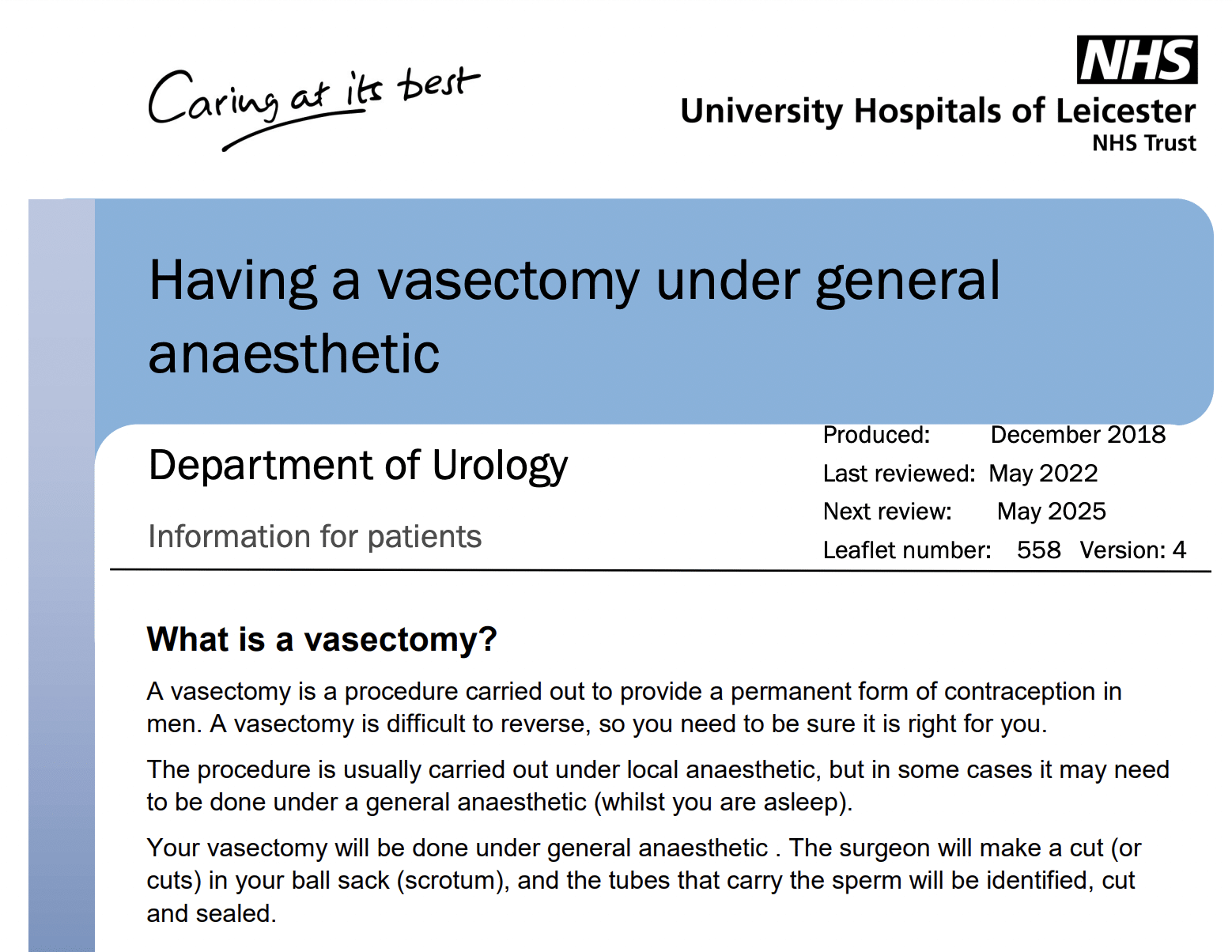 NHS website page concerning vasectomy