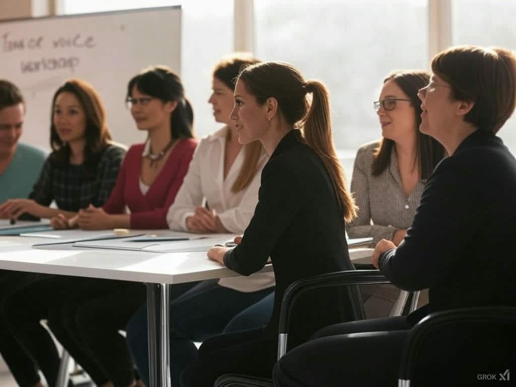 team of women sitting around a desk in a tone of voice design workshop